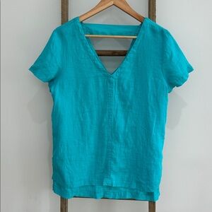 C&C California Teal Green V-Neck Short Sleeve Top Lightweight Linen Size Small